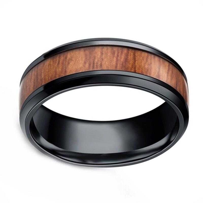 Stainless Steel Retro Wood Grain Band Ring 8MM