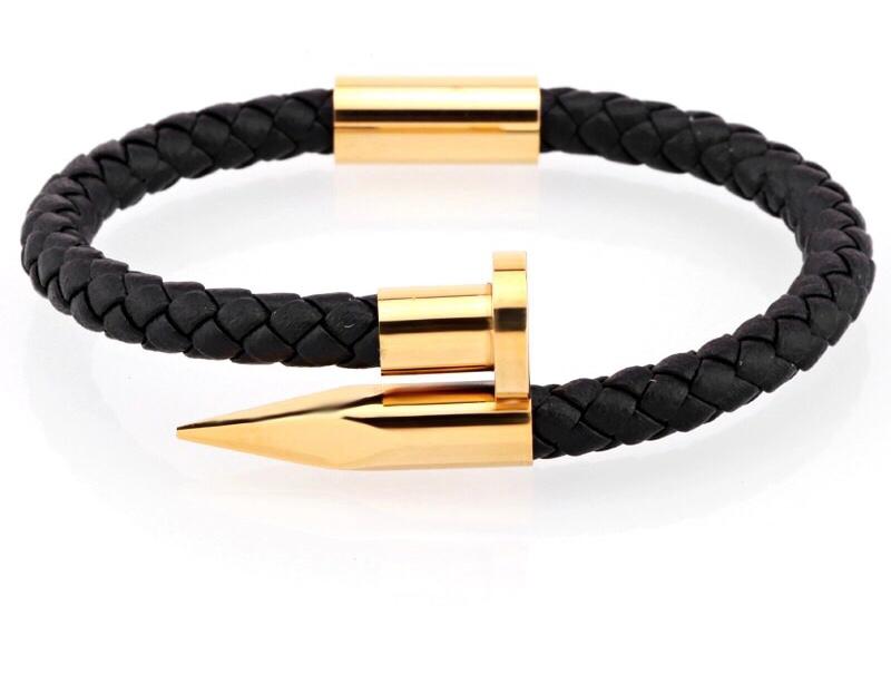 Stainless steel Men's Nail Leather Bracelet