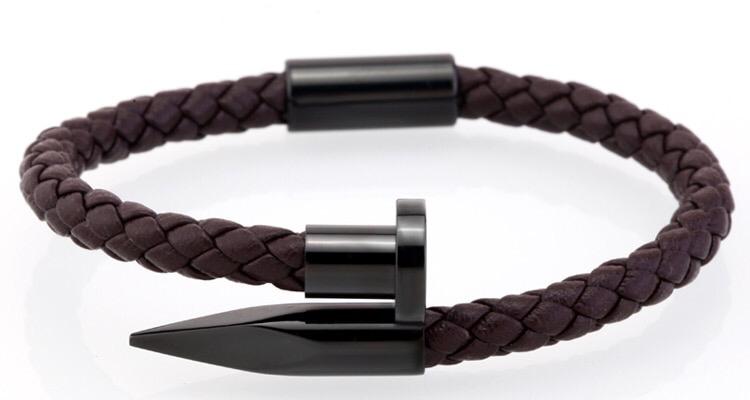 Stainless steel Men's Nail  Leather Bracelet